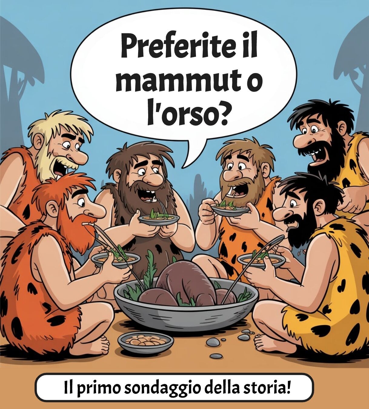 Riunione di uomini preistorici: pasto e sondaggio su tale pasto